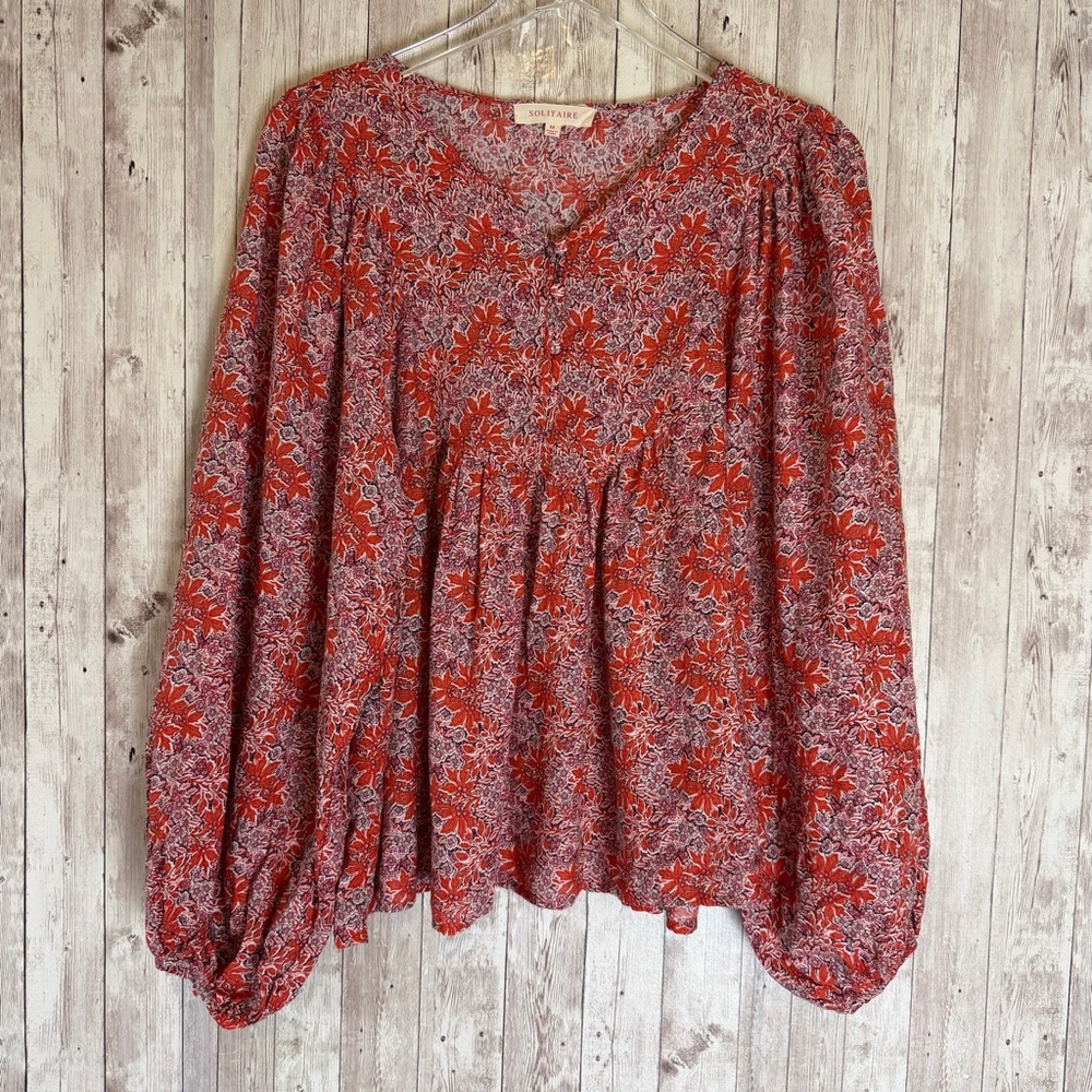 Solitaire Red Floral Boho Peasant Blouse Balloon Sleeve Medium - Picture 2 of 10